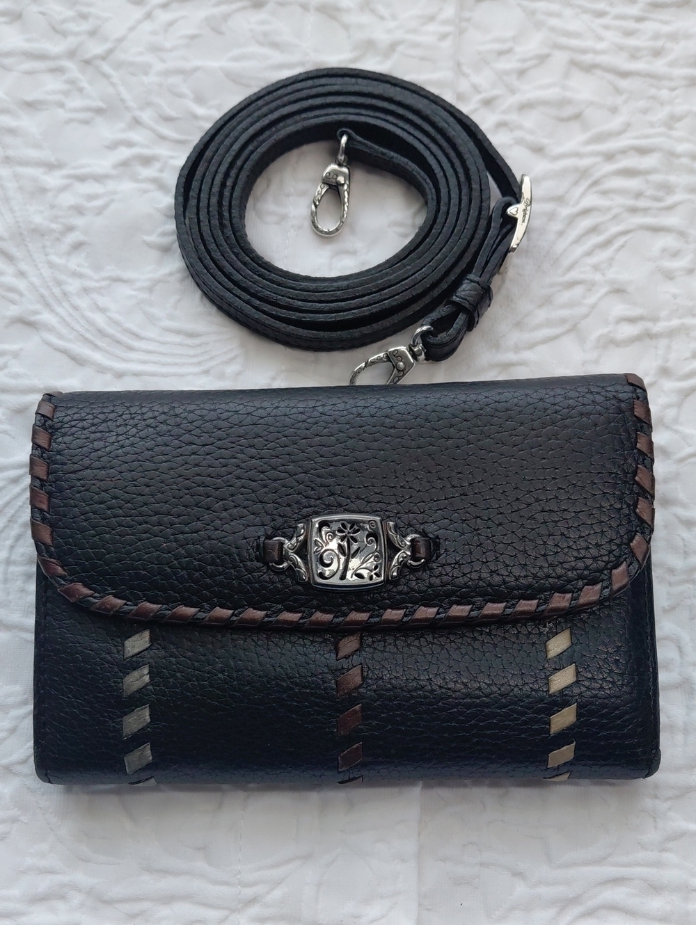Brighton Black Leather Crossbody Wallet with Silver Accent